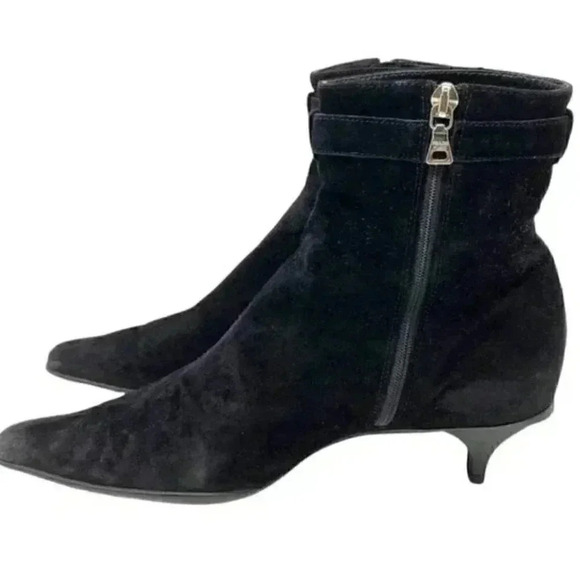 Prada Black Suede Pointed Toe French Kitten Heel Side Zip Ankle Boots Size 8 - Picture 13 of 15